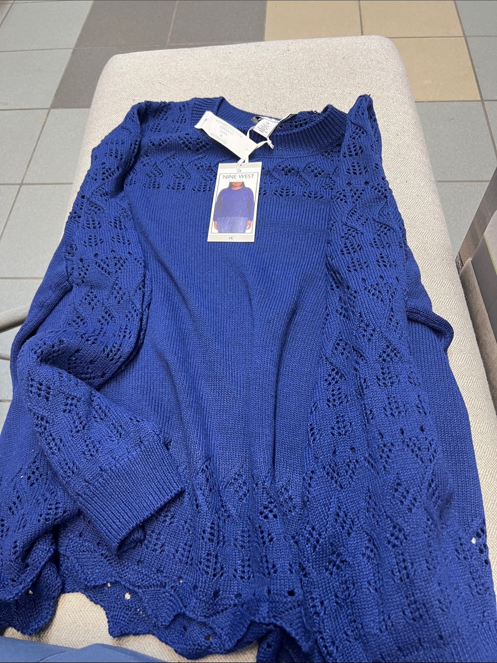 Nine West Royal Blue Open-Knit Crewneck Sweater